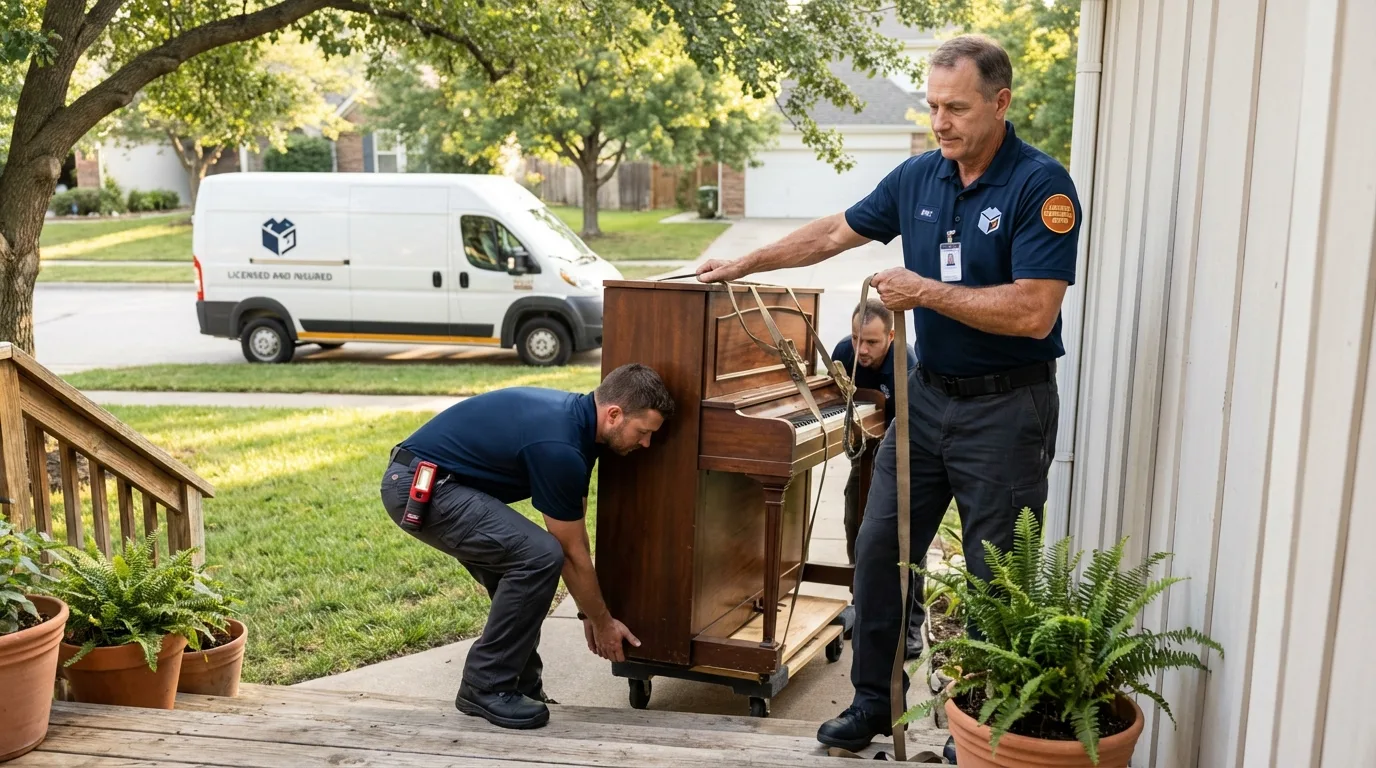 Licensed piano movers securing grand piano in New Bern, NC