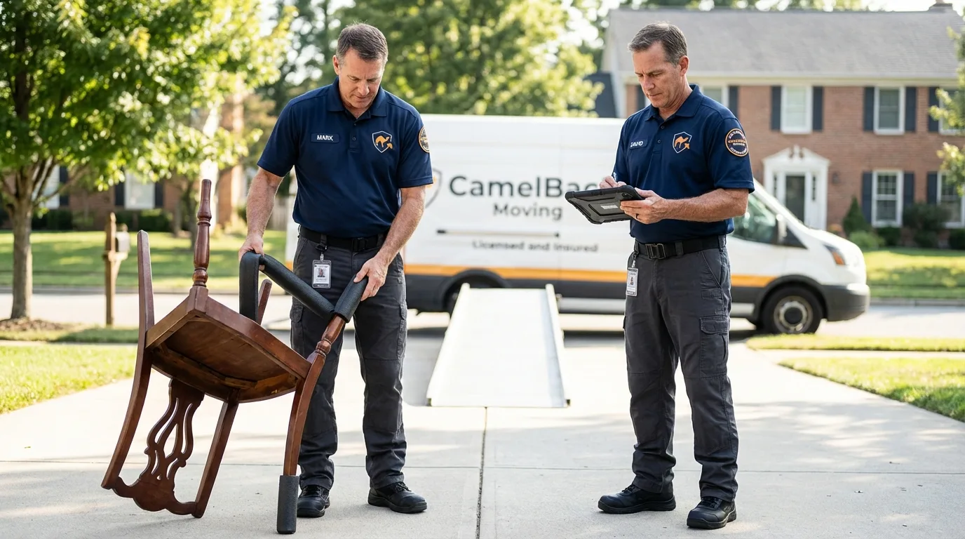 Movers inspecting furniture for damage prevention before loading in New Bern, NC